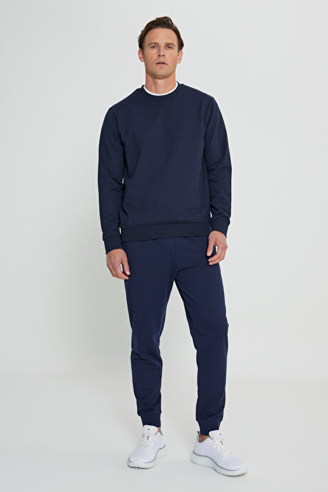 Standart Fit Normal Kesim 2 İplik Recycle Pamuklu Bisiklet Yaka Lacivert Sweatshirt resmi