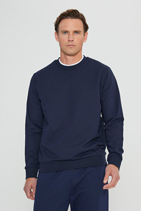 Standart Fit Normal Kesim 2 İplik Recycle Pamuklu Bisiklet Yaka Lacivert Sweatshirt resmi