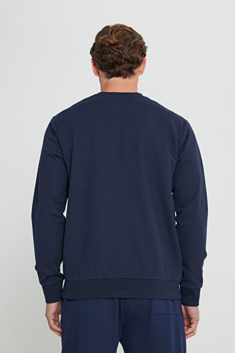 Standart Fit Normal Kesim 2 İplik Recycle Pamuklu Bisiklet Yaka Lacivert Sweatshirt resmi