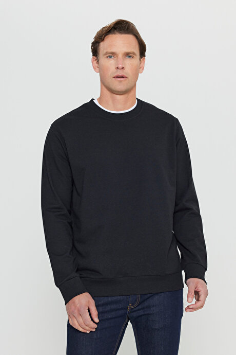 Standart Fit Normal Kesim 2 İplik Recycle Pamuklu Bisiklet Yaka Siyah Sweatshirt resmi