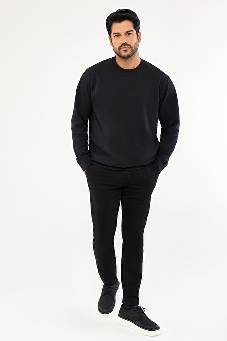 Standart Fit Normal Kesim 2 İplik Recycle Pamuklu Bisiklet Yaka Siyah Sweatshirt resmi