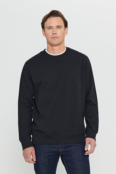 Standart Fit Normal Kesim 2 İplik Recycle Pamuklu Bisiklet Yaka Siyah Sweatshirt resmi