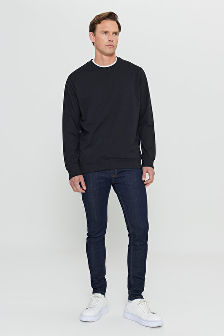 Standart Fit Normal Kesim 2 İplik Recycle Pamuklu Bisiklet Yaka Siyah Sweatshirt resmi