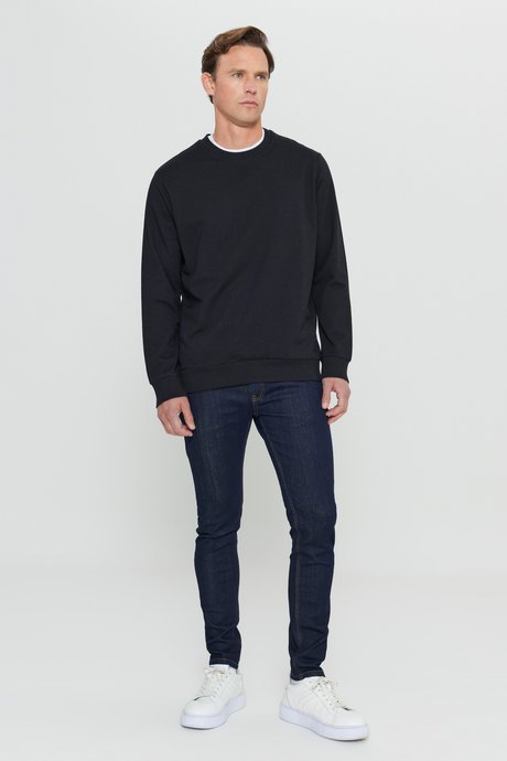 Pamuklu Standart Fit Normal Kesim 2 İplik Bisiklet Yaka Siyah Sweatshirt resmi