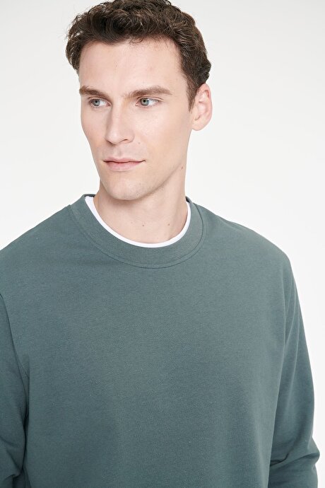 Pamuklu Standart Fit Normal Kesim 2 İplik Bisiklet Yaka Yeşil Sweatshirt resmi