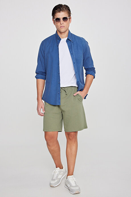 Pamuklu Rahat Nefes Alabilen 2 İplik Cepli Örme Standart Fit Haki Şort resmi