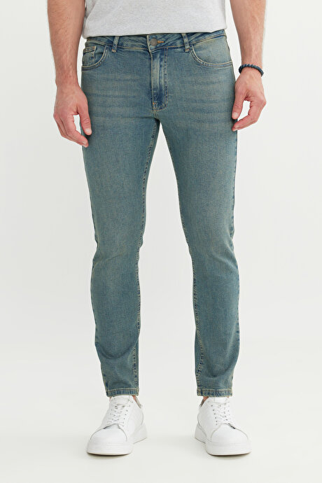 Pamuklu Ekstra Slim Fit Dar Kesim 5 Cep Esnek Kot Denim Jean Petrol Mavisi Denim Pantolon resmi