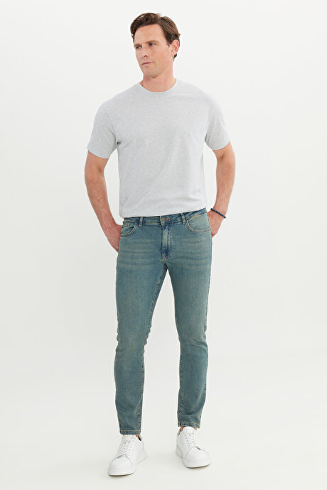 Pamuklu Ekstra Slim Fit Dar Kesim 5 Cep Esnek Kot Denim Jean Petrol Mavisi Denim Pantolon resmi