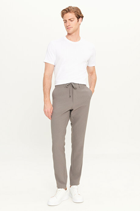 Slim Fit Dar Kesim Beli Bağlamalı Çizgili Yan Cepli Casual Jogger Antrasit Pantolon resmi