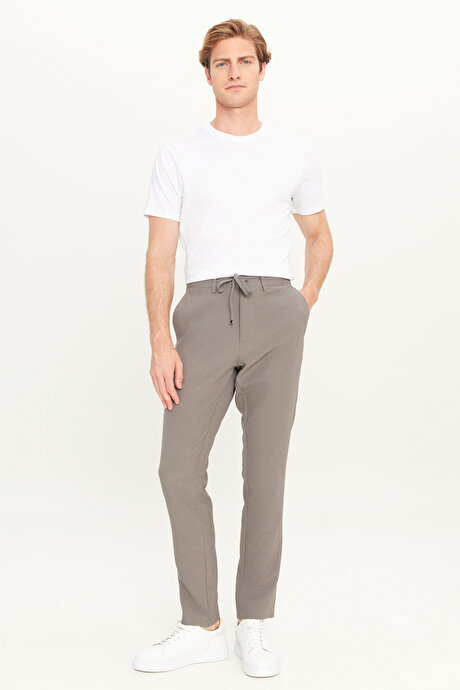 Slim Fit Dar Kesim Beli Bağlamalı Çizgili Yan Cepli Casual Jogger Antrasit Pantolon resmi