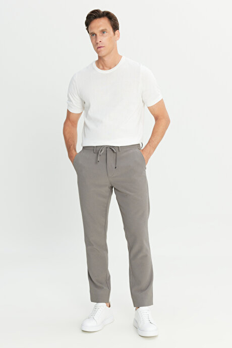 Slim Fit Dar Kesim Beli Bağlamalı Çizgili Yan Cepli Casual Jogger Antrasit Pantolon resmi