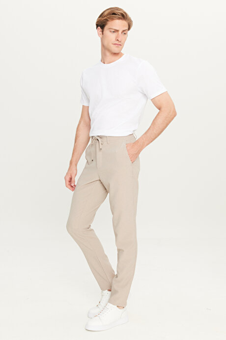 Slim Fit Dar Kesim Beli Bağlamalı Çizgili Yan Cepli Casual Jogger Bej Pantolon resmi
