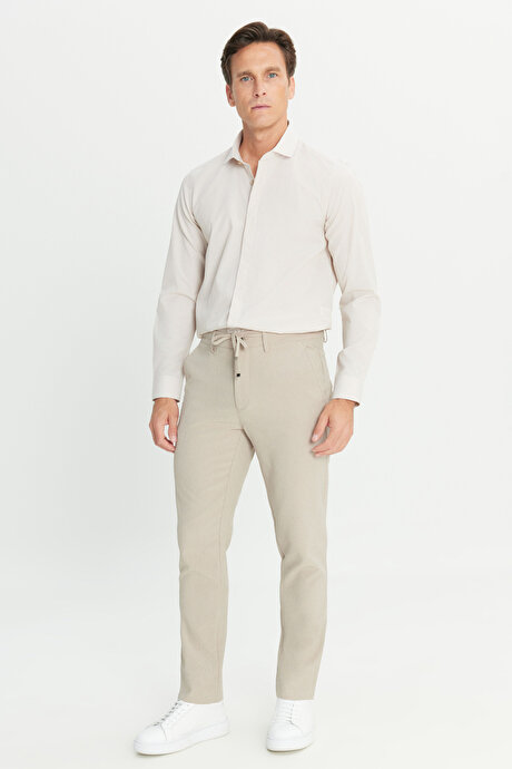 Slim Fit Dar Kesim Beli Bağlamalı Çizgili Yan Cepli Casual Jogger Bej Pantolon resmi