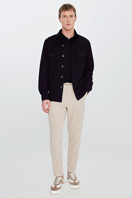 Slim Fit Dar Kesim Beli Bağlamalı Yan Cepli Casual Jogger Bej Pantolon resmi