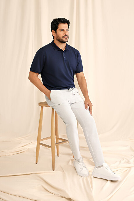 Slim Fit Dar Kesim Beli Bağlamalı Çizgili Yan Cepli Casual Jogger Gri Pantolon resmi