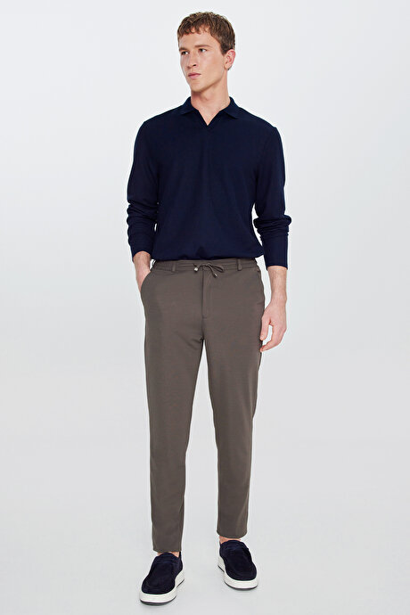 Slim Fit Dar Kesim Beli Bağlamalı Yan Cepli Casual Jogger Haki Pantolon resmi