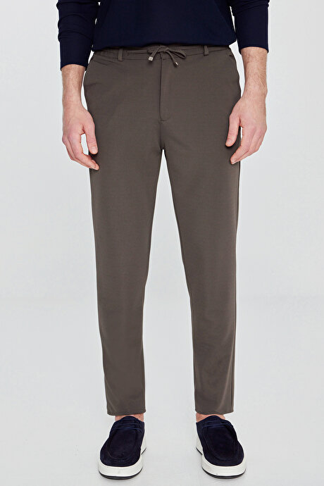 Slim Fit Dar Kesim Beli Bağlamalı Yan Cepli Casual Jogger Haki Pantolon resmi