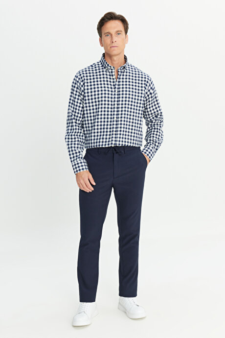Slim Fit Dar Kesim Beli Bağlamalı Çizgili Yan Cepli Casual Jogger Lacivert Pantolon resmi