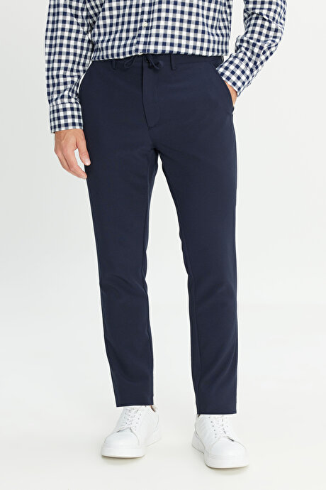 Slim Fit Dar Kesim Beli Bağlamalı Çizgili Yan Cepli Casual Jogger Lacivert Pantolon resmi