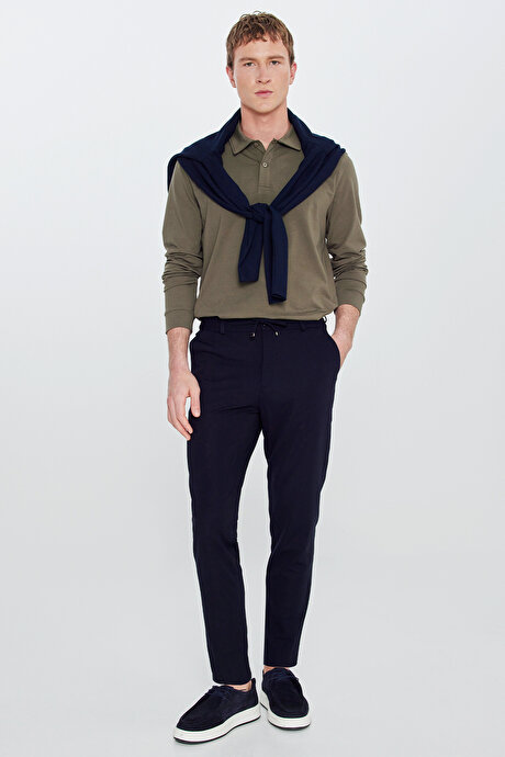 Slim Fit Dar Kesim Beli Bağlamalı Yan Cepli Casual Jogger Lacivert Pantolon resmi