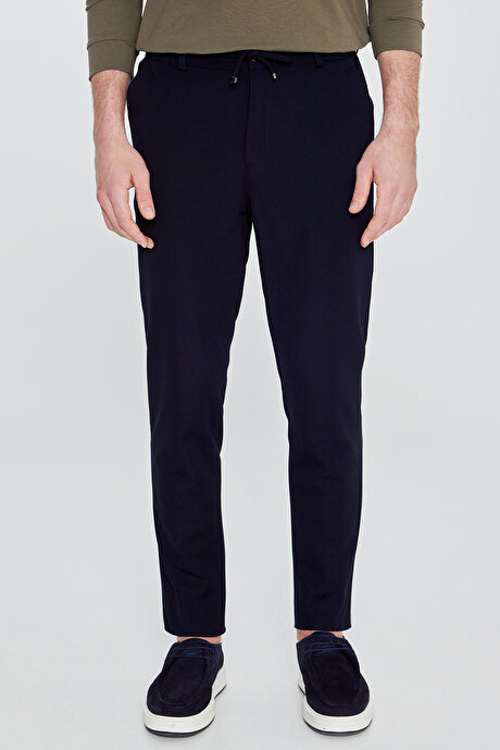 Slim Fit Dar Kesim Beli Bağlamalı Yan Cepli Casual Jogger Lacivert Pantolon resmi