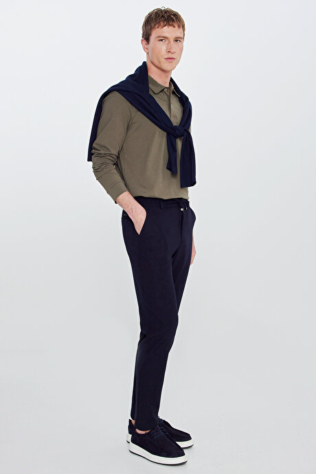 Slim Fit Dar Kesim Beli Bağlamalı Yan Cepli Casual Jogger Lacivert Pantolon resmi