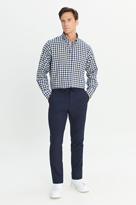 Slim Fit Dar Kesim Beli Bağlamalı Çizgili Yan Cepli Casual Jogger Lacivert Pantolon resmi