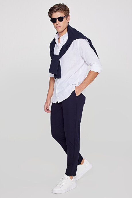 Slim Fit Dar Kesim Beli Bağlamalı Yan Cepli Casual Jogger Lacivert Pantolon resmi