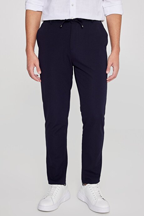 Slim Fit Dar Kesim Beli Bağlamalı Yan Cepli Casual Jogger Lacivert Pantolon resmi