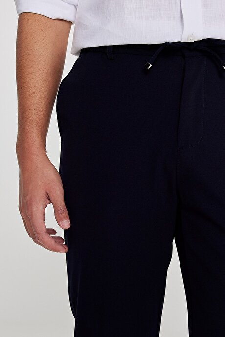 Slim Fit Dar Kesim Beli Bağlamalı Yan Cepli Casual Jogger Lacivert Pantolon resmi