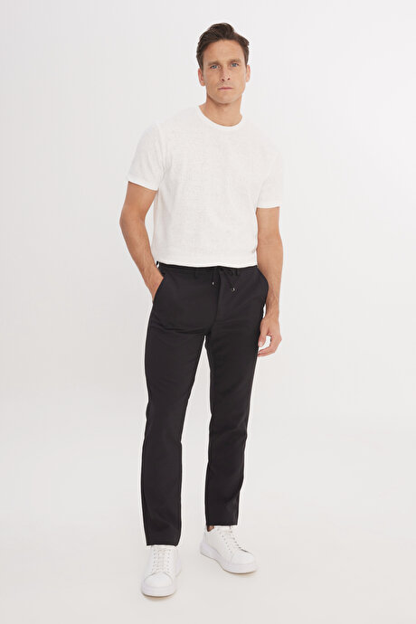 Slim Fit Dar Kesim Beli Bağlamalı Çizgili Yan Cepli Casual Jogger Siyah Pantolon resmi