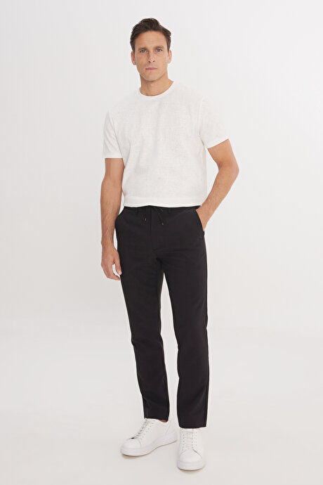 Slim Fit Dar Kesim Beli Bağlamalı Çizgili Yan Cepli Casual Jogger Siyah Pantolon resmi