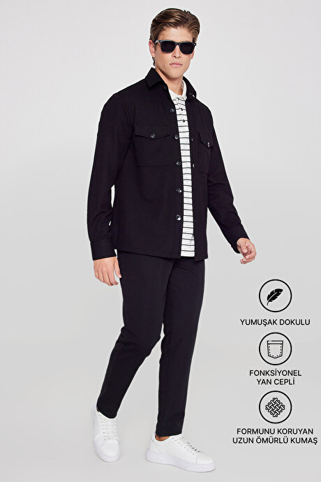 Slim Fit Dar Kesim Beli Bağlamalı Yan Cepli Casual Jogger Siyah Pantolon resmi
