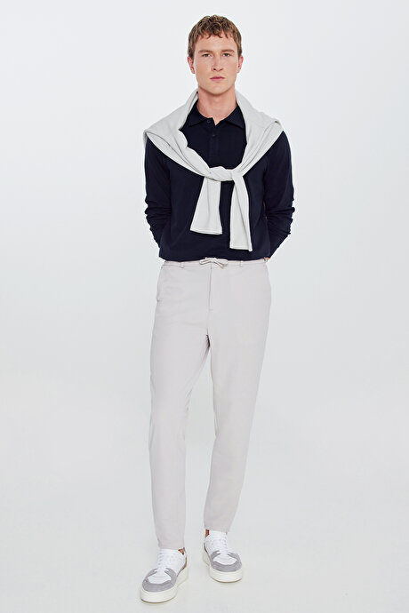 Slim Fit Dar Kesim Beli Bağlamalı Yan Cepli Casual Jogger Taş Pantolon resmi