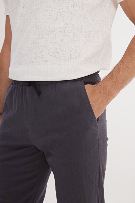 %100 Pamuk Slim Fit Dar Kesim Beli Bağlamalı Yan Cepli Antrasit Pantolon resmi