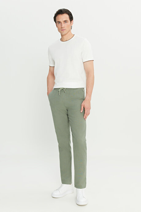 %100 Pamuk Slim Fit Dar Kesim Beli Bağlamalı Yan Cepli Haki Pantolon resmi