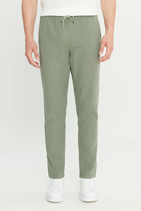 %100 Pamuk Slim Fit Dar Kesim Beli Bağlamalı Yan Cepli Haki Pantolon resmi