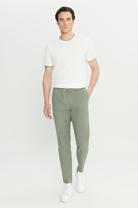 %100 Pamuk Slim Fit Dar Kesim Beli Bağlamalı Yan Cepli Haki Pantolon resmi