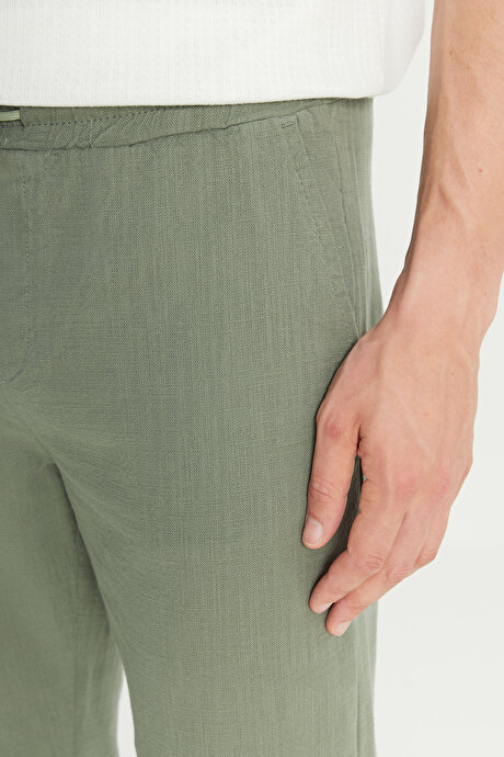 %100 Pamuk Slim Fit Dar Kesim Beli Bağlamalı Yan Cepli Haki Pantolon resmi