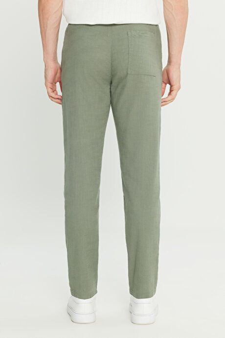 %100 Pamuk Slim Fit Dar Kesim Beli Bağlamalı Yan Cepli Haki Pantolon resmi