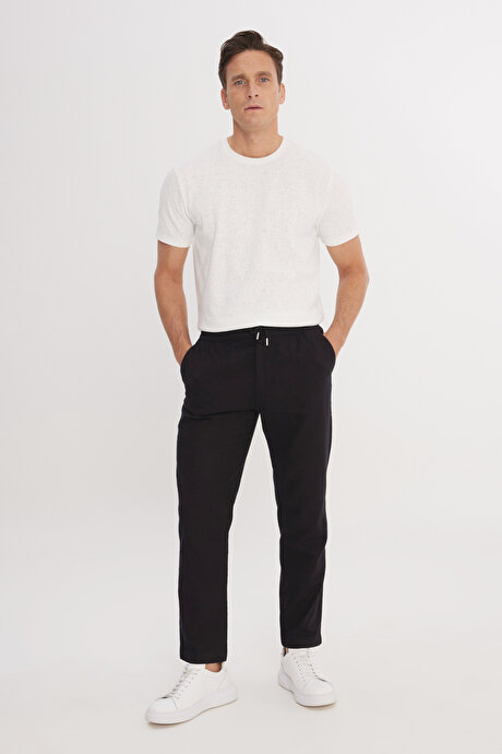 %100 Pamuk Slim Fit Dar Kesim Beli Bağlamalı Yan Cepli Siyah Pantolon resmi