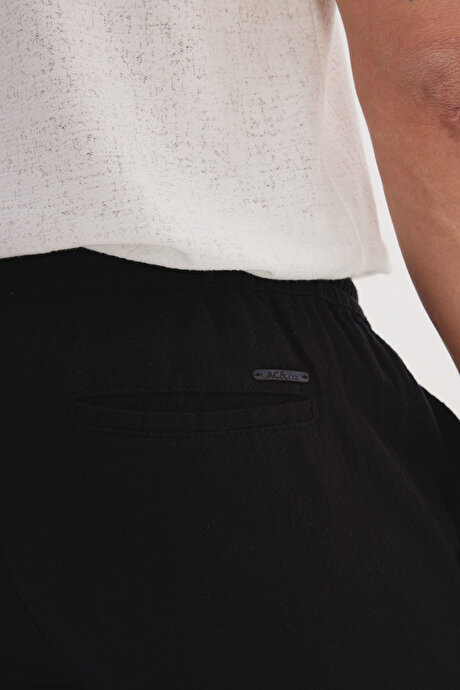 %100 Pamuk Slim Fit Dar Kesim Beli Bağlamalı Yan Cepli Siyah Pantolon resmi