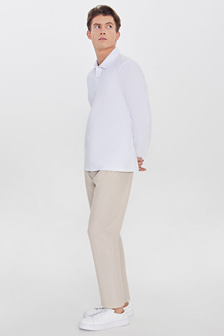 Pamuklu Standart Fit Normal Kesim Beli Lastikli Diagonal Desenli Örme Bej Pantolon resmi