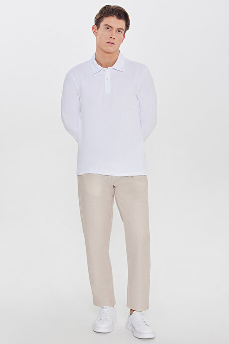 Pamuklu Standart Fit Normal Kesim Beli Lastikli Diagonal Desenli Örme Bej Pantolon resmi