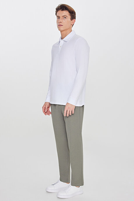 Pamuklu Standart Fit Normal Kesim Beli Lastikli Diagonal Desenli Örme Haki Pantolon resmi