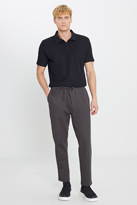 Pamuklu Standart Fit Normal Kesim Beli Lastikli Diagonal Desenli Örme Kahverengi Örme Pantolon resmi