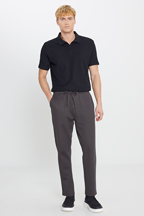 Pamuklu Standart Fit Normal Kesim Beli Lastikli Diagonal Desenli Örme Kahverengi Pantolon resmi