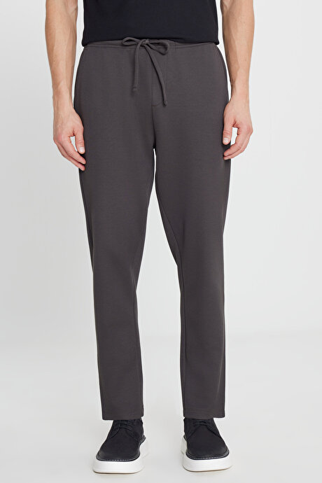 Pamuklu Standart Fit Normal Kesim Beli Lastikli Diagonal Desenli Örme Kahverengi Pantolon resmi