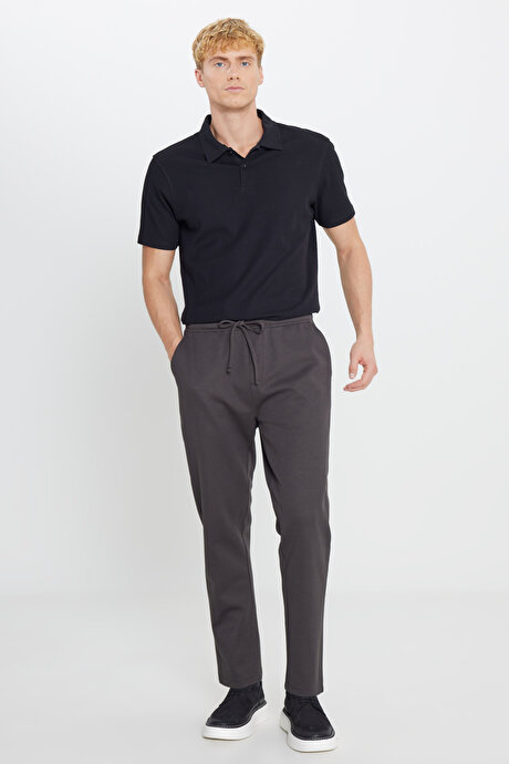 Pamuklu Standart Fit Normal Kesim Beli Lastikli Diagonal Desenli Örme Kahverengi Pantolon resmi