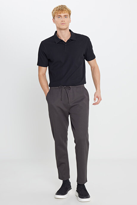 Pamuklu Standart Fit Normal Kesim Beli Lastikli Diagonal Desenli Örme Kahverengi Örme Pantolon resmi